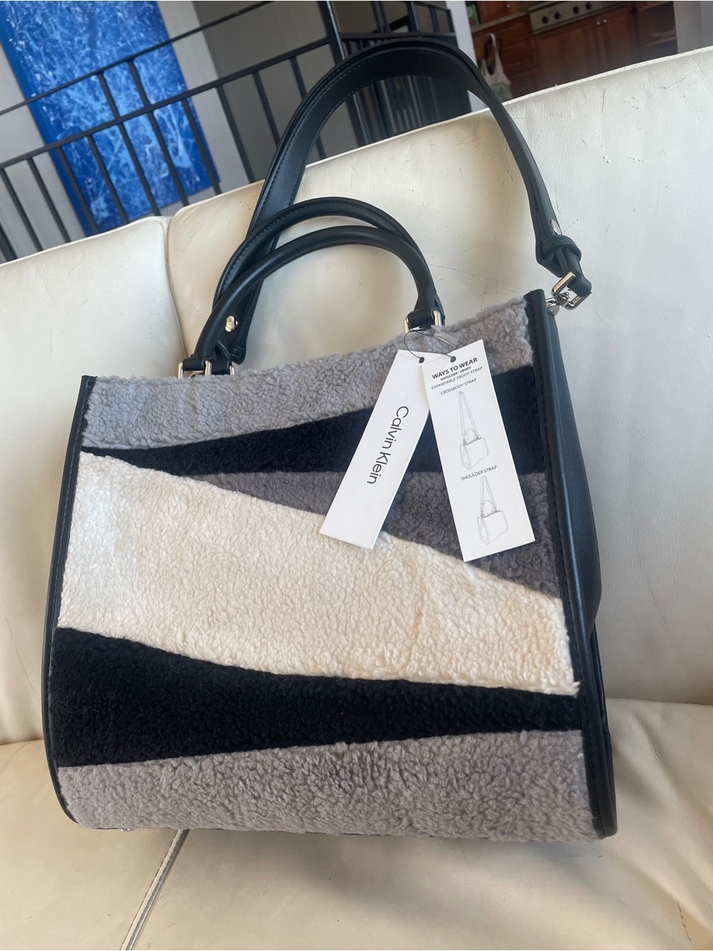 🐑 Calvin Klein Moon Black, Gray & White Colorblock Shearling Satchel - Large!